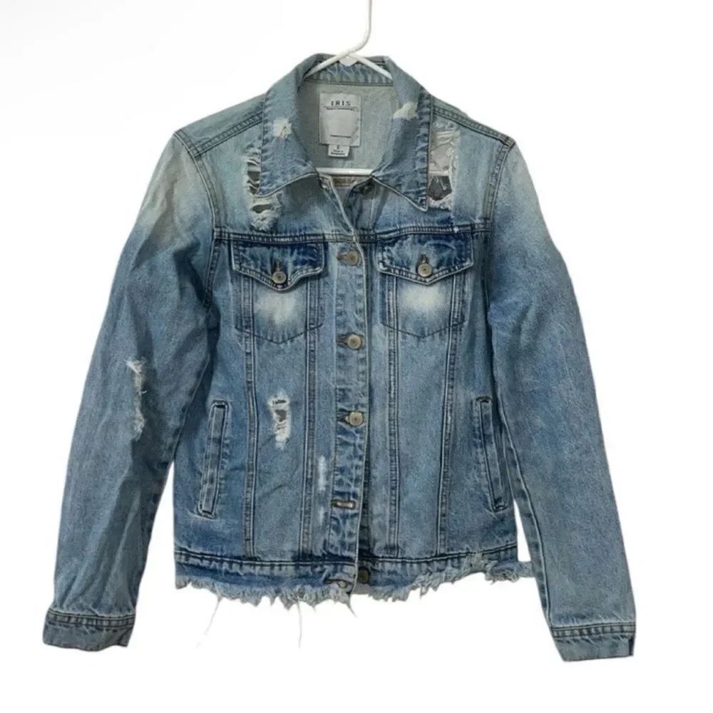 Iris Blue Distressed Denim Jacket(Size Small)
